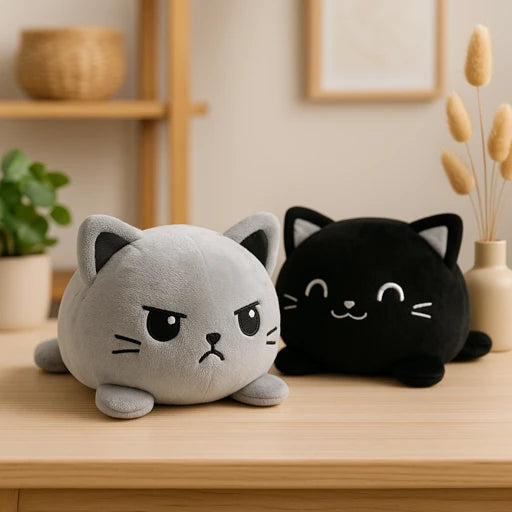 Bunvox Reversible Angry Cat Soft Toy – Black & Grey Dual Mood Plush for Kids