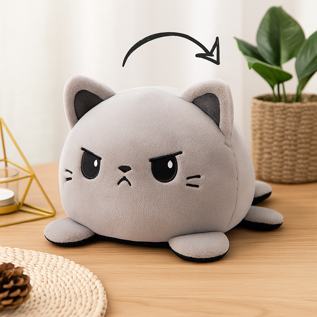 Bunvox Reversible Angry Cat Soft Toy – Black & Grey Dual Mood Plush for Kids