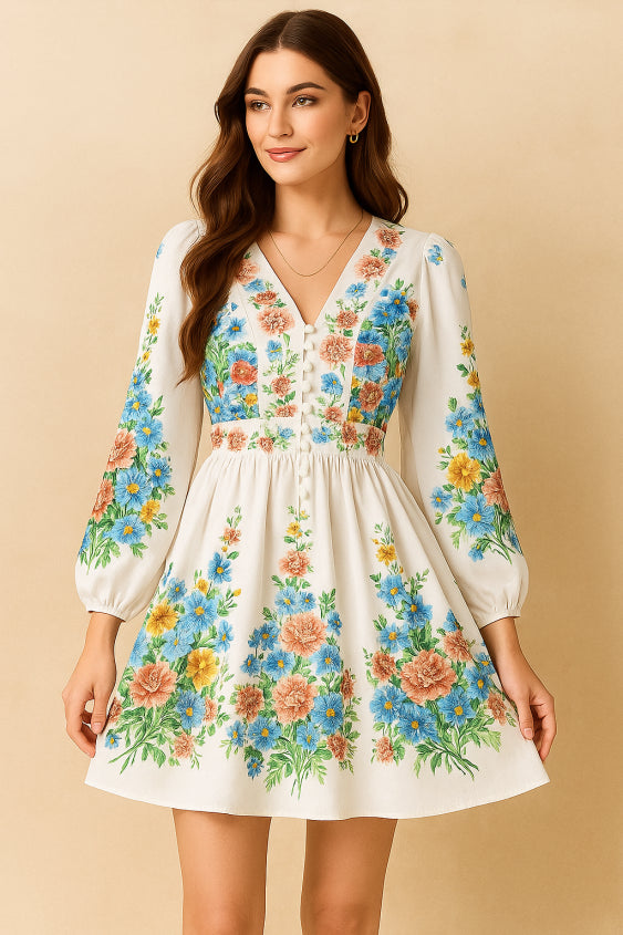Puff Sleeve Stylist Floral Printed Dresses For Women