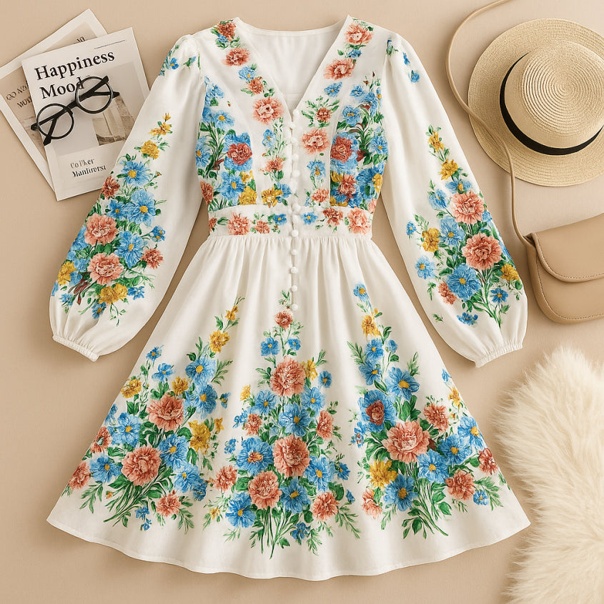 Puff Sleeve Stylist Floral Printed Dresses For Women
